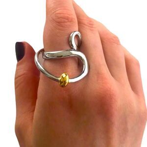 Silver Gold Beaded Wave Abstract Statement Ring NEW
